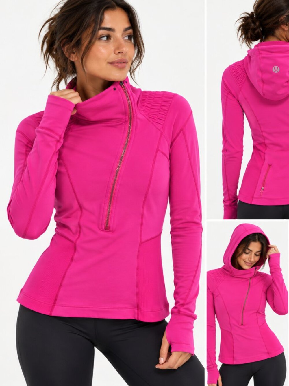💗✨ Lululemon Hot Pink Asymmetrical Zip Hood Pullover Pony / Thumbholes SZ 6 ✨💗